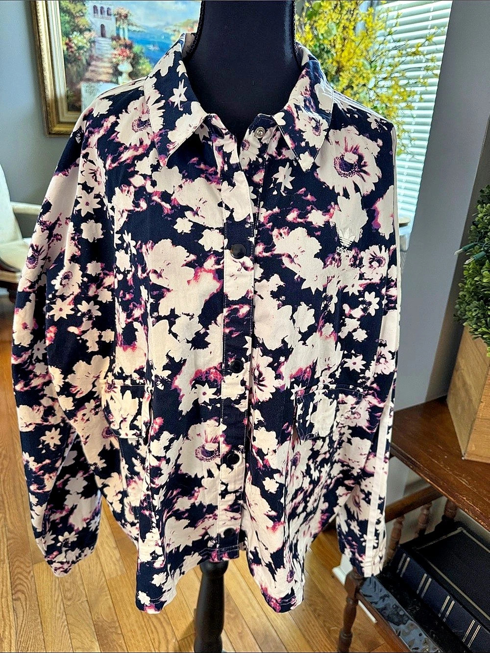 adidas Floral Button Down Shirt in Black & Pink XL Like New